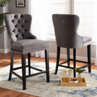 Baxton Studio WS-F458-26BT-Grey Velvet/Espresso-CS Howell Modern Transitional Grey Velvet Upholstered and Dark Brown Finished Wood 2-Piece Counter Stool Set